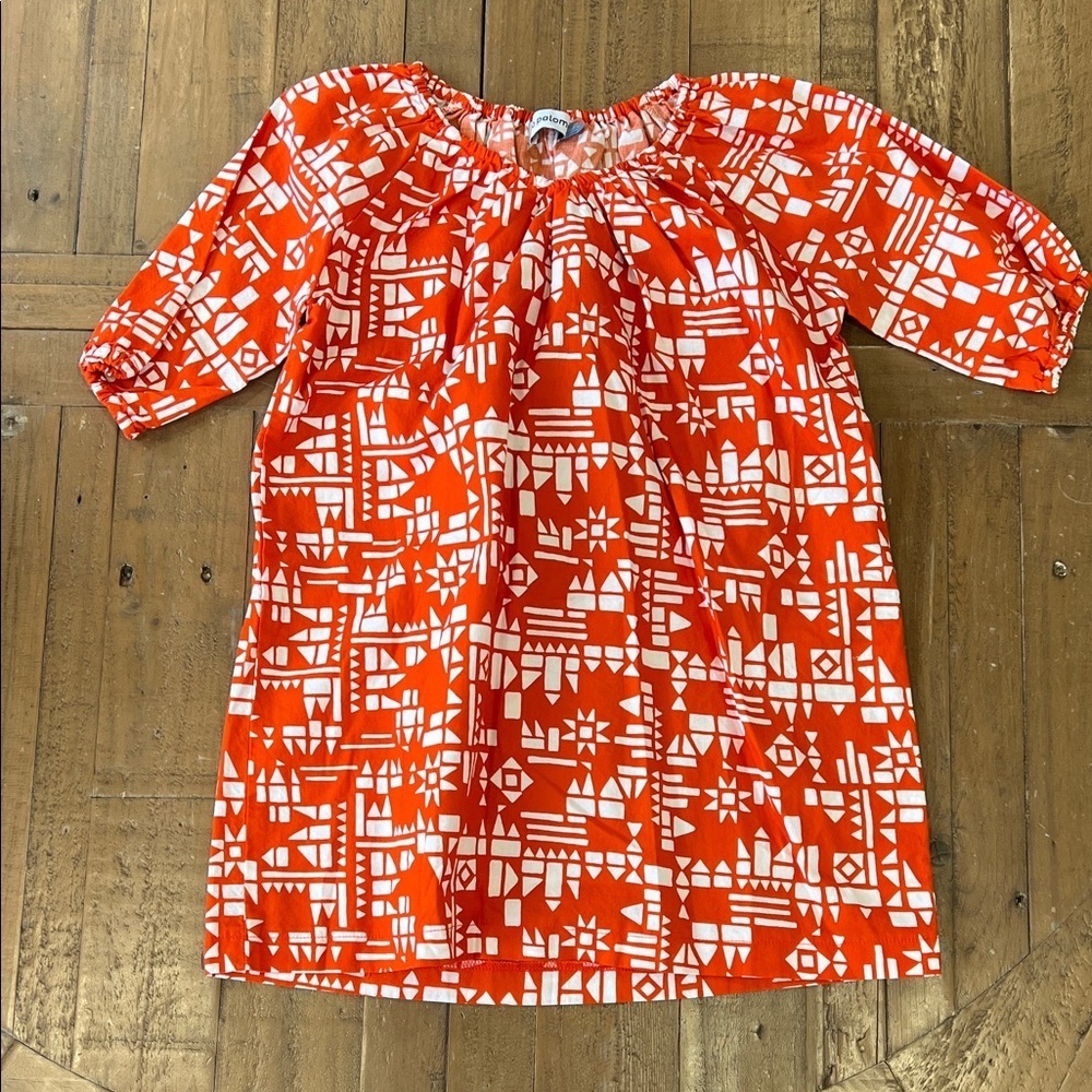 La Paloma Harper house dress kids 4-5 years Sandi script orange white geometric